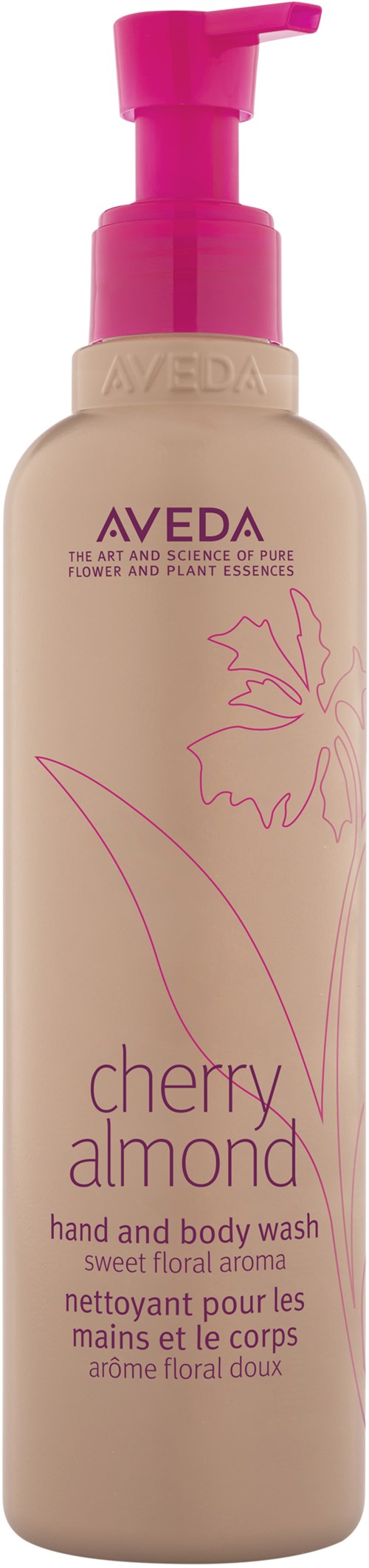 Aveda Cherry Almond käsien ja vartalon pesu pullo, jossa pinkki annostelija, etiketti makua ja tuotetietoja.