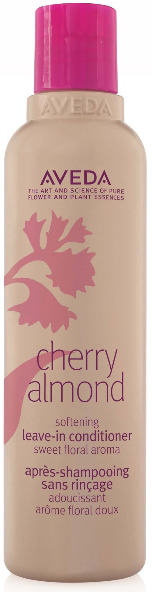 Aveda cherry almond leave-in hoitoaine, jossa vaaleanpunainen korkki ja kukkakuva.