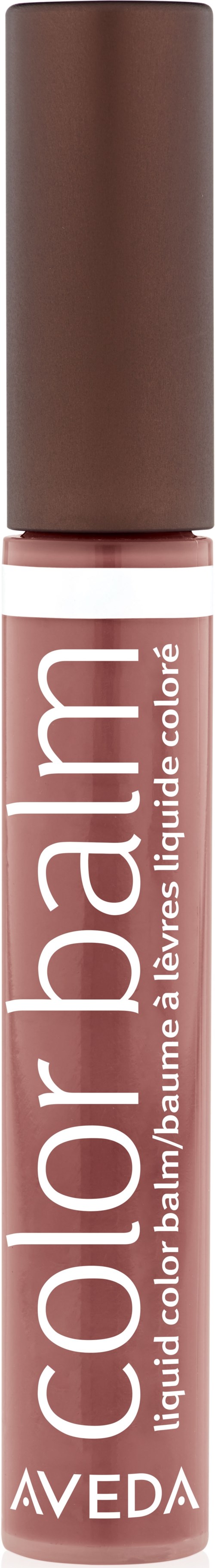 En läppglansrör med brunt färg och brun kork, märkt 'Aveda' och 'Color Balm' med vitt text.
