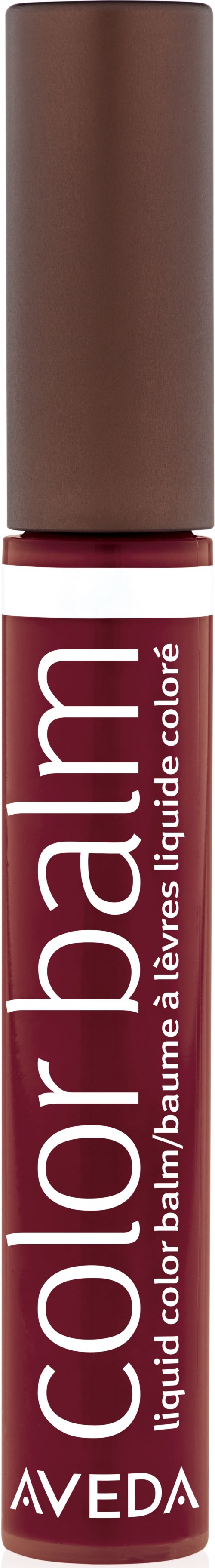 Ett brunt läppstift med vitt och rött textmärke som heter 'Color Balm' av Aveda.