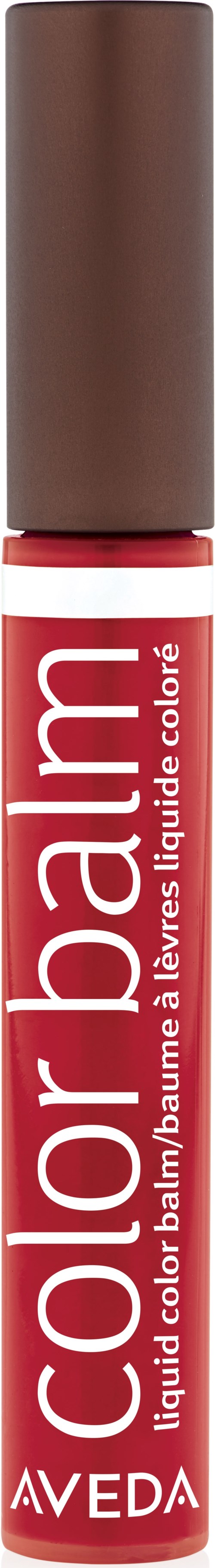 Ett rött läppbalsamrör med brunt lock, märkt 'color balm' och 'AVEDA'.