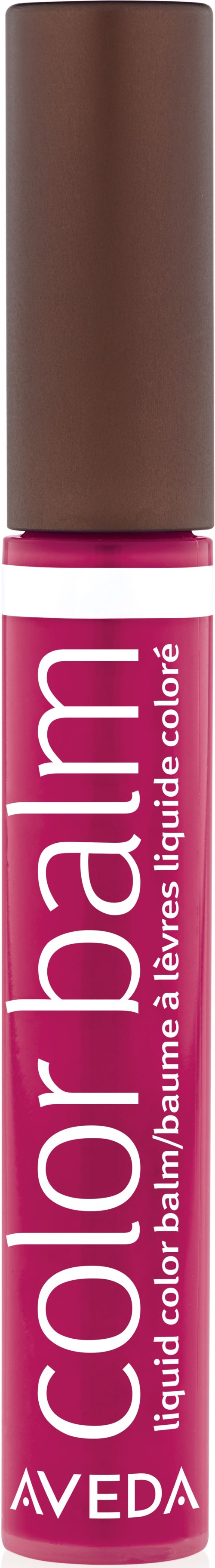 Ett läppstiftsrör med rosa färg och brunt lock, märkt 'Color Balm' av Aveda, mot en svart bakgrund.