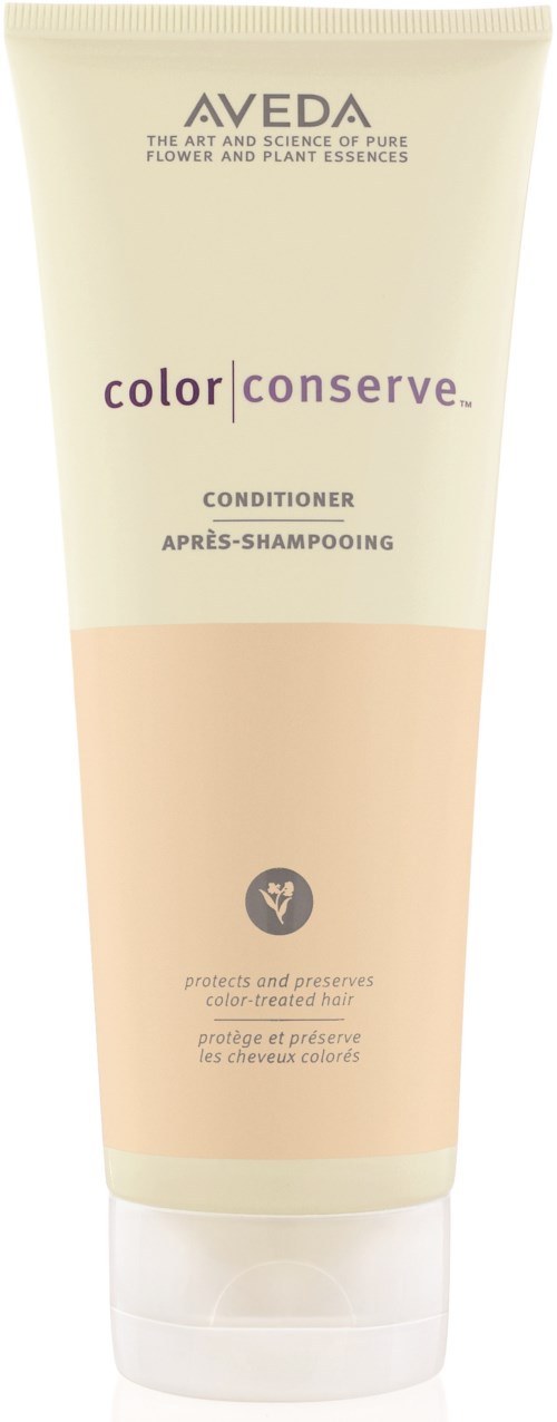 En tub med Aveda balsam med lila, beige och vit färg, märkt för färgat hårskydd och näring.