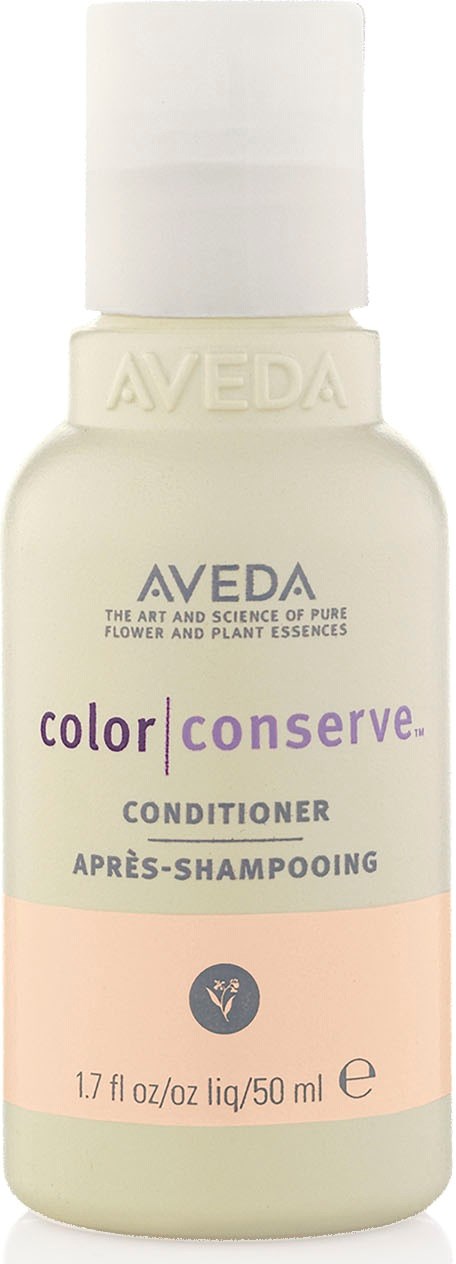 En hvit flaske med Aveda color conserve balsam med lilla og rosa etiketter.