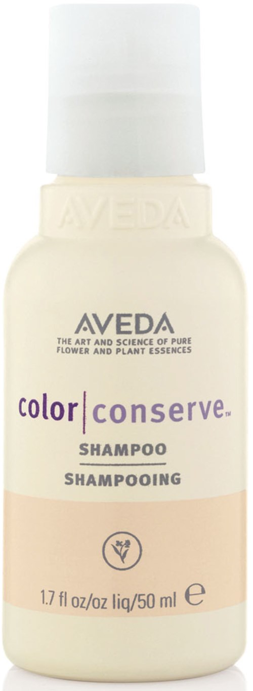 En liten hvit flaske med AVEDA-sjampo med lilla etiketter, inneholder 50 ml hårpleieprodukt.