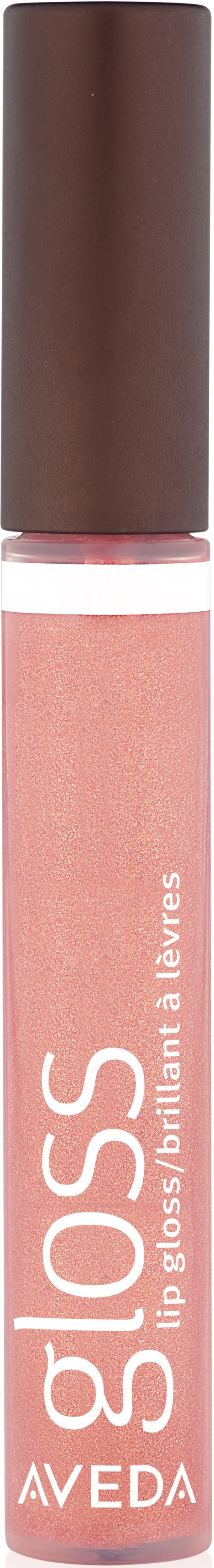 Läppglansrör med rosa glansig yta och brunt lock, märkt "gloss" av Aveda.