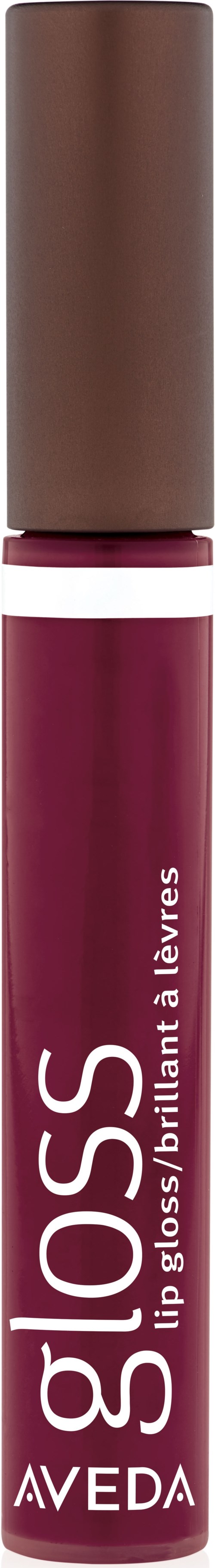 Ett läppglansrör med brun kork och mörkröd kropp med vitt text. Det står "gloss" och "Aveda."