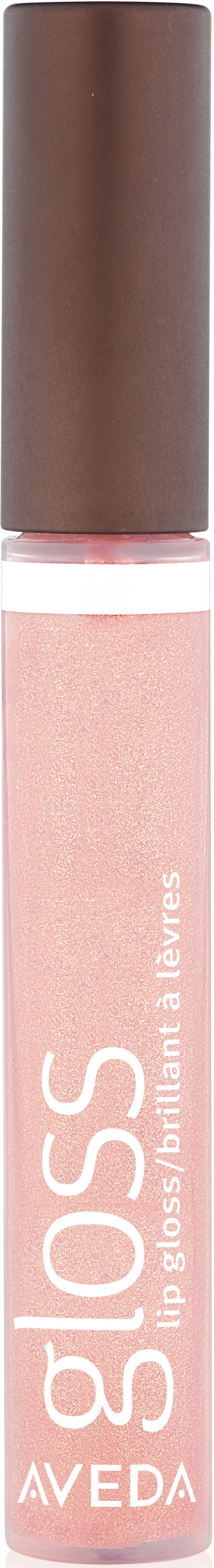 En läppglansrör med brun kapsyl och rosa glitterläppglans. Etiketten säger "gloss" och "AVEDA."