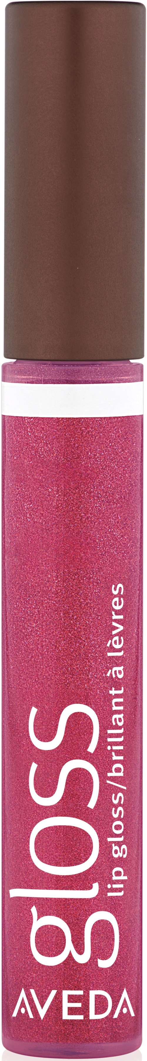 Ett läppglansrör med brun kork och rosa gloss inuti, märkt "gloss" och "AVEDA".