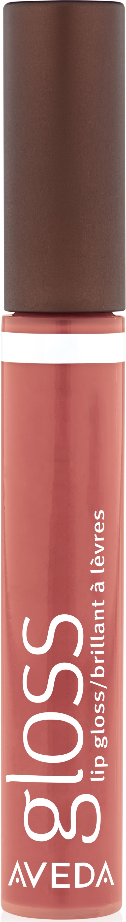 Ett läppglansrör med brun kork och rosa kropp, märkt 'glossy/brillant lèvres' av Aveda.