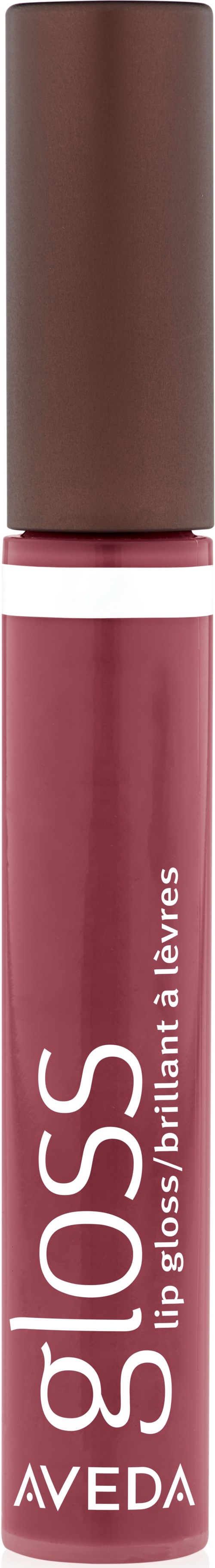 Ett läppstift i rör med en brun kork och en rosa-liknande kropp. Produkten är märkt "gloss" och "lip glossy/brillant".