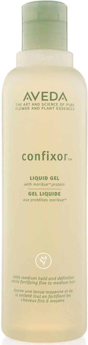 AAVEDA confixor Liquid Gel -pullopullo, valkoinen ja vihreä korkki, siinä on vihreää ja mustaa tekstiä ja logo.