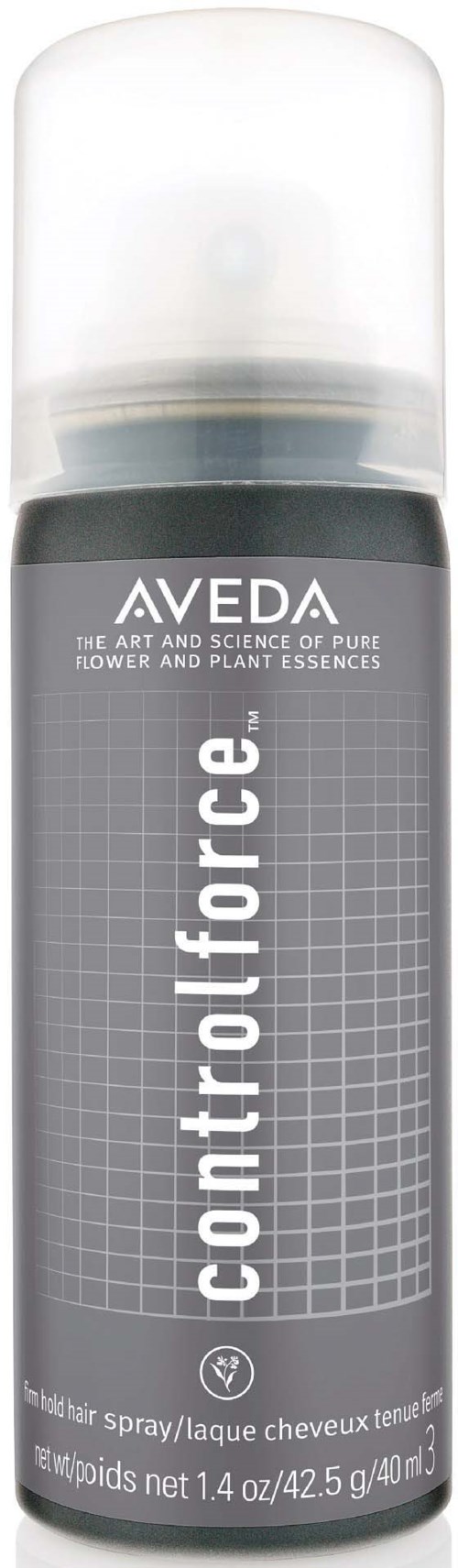 Aerosol spray can with a label saying 'Control Force' by AVEDA, used for hair control.