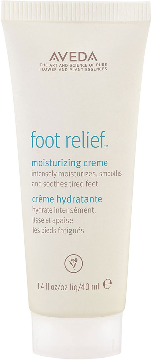 A white tube with blue and brown text for Aveda foot relief moisturizing cream, 1.4 fl oz.
