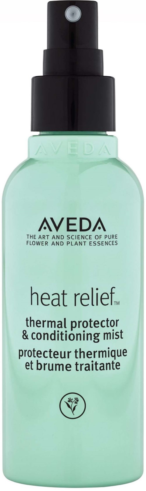 Vihreä suihkepullo, jossa teksti heat relief ja lämpösuoja ja hoitoespray hiuksille.