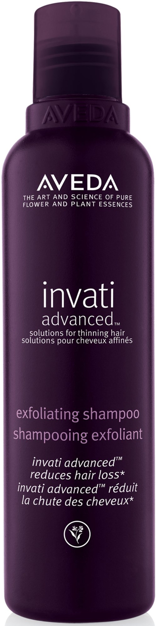 En lila flaska med Aveda Invati Advanced exfolierande schampo för tunt hår.