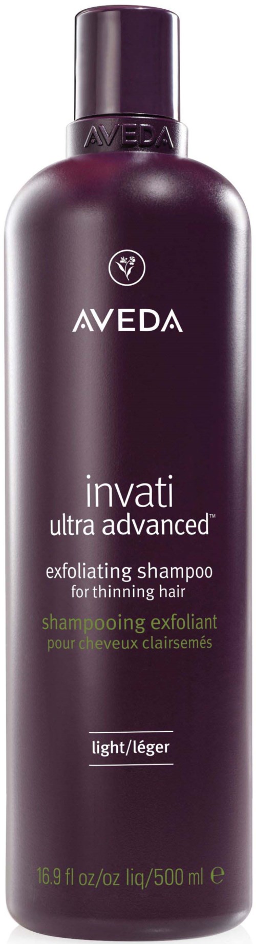 AVA Invati Exfoliating Shampoo bottle, purple, with white and green text, for thinning hair, 500 ml size.