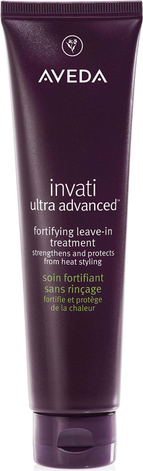 Aloe vera -lehden ikoni yläosassa, violetti putkilossa valkoisella ja vihreällä tekstillä hiustenhoitotuote.