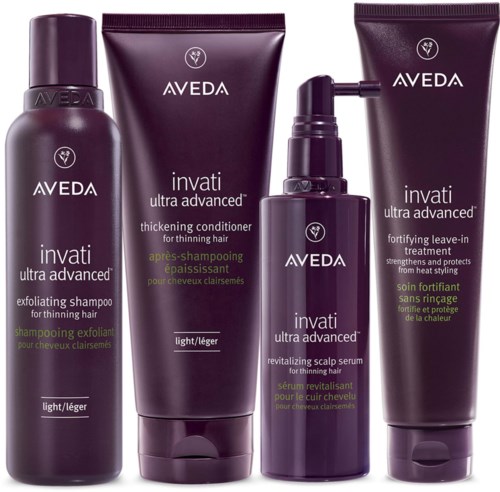 Neljä Aveda Invati Ultra Advanced -tuotetta ohuisiin hiuksiin, kuten shampoota, hoitoainetta, päänahan seerumi ja jätettävää hoitoa.