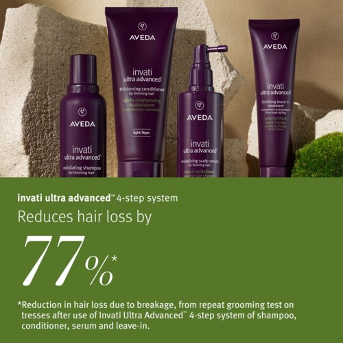Aveda Invati Ultra Advanced -sarja, jossa tuotteet ovat kivien ja vihreän taustan edessä, osoittaen 77 %:n hiustenlähtövähennyksen.
