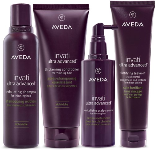 Neljän Aveda Invati Ultra Advanced -hiustenhoitotuotteen sarja, mukaan lukien shampoo, hoitoaine, päänahkaseerumi ja jätettävä hoito.