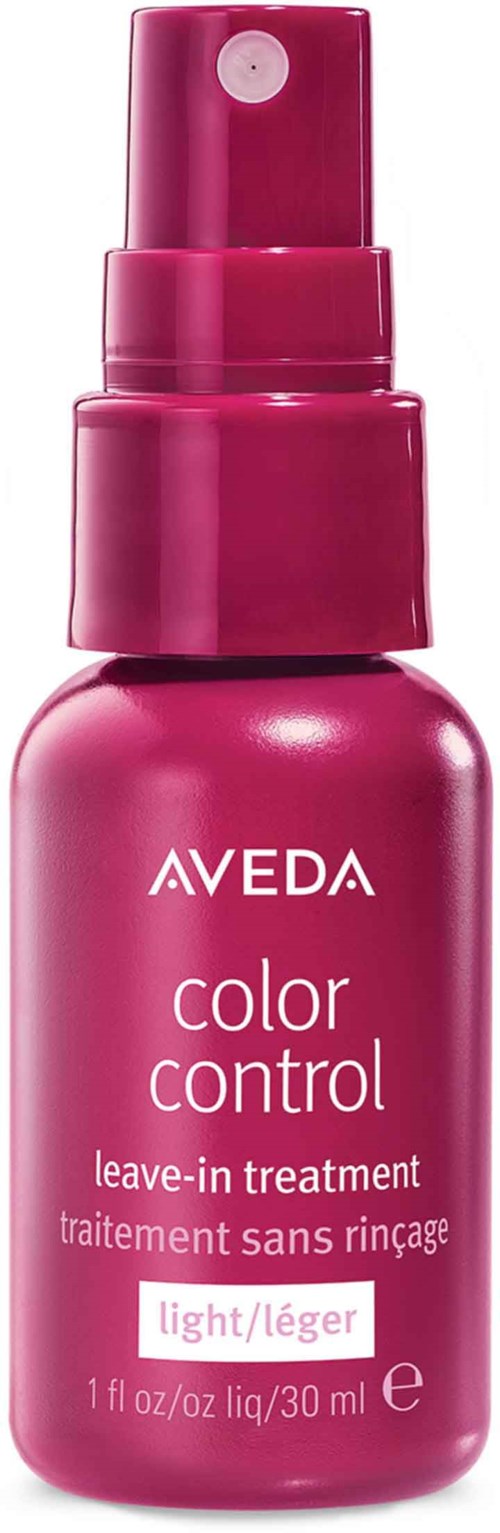 Vaaleanpunainen suihkepullo, jossa lukee 'AVEDA color control leave-in treatment light' hiuksille.