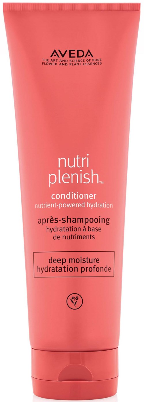 Röd flaska med Aveda Nutri Plenish balsam för djup fuktvård.