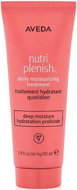 Aveda Nutri Plenish päivittäinen kosteuttava hoitoputki, vaaleanpunainen, mustalla ja valkoisella tekstillä ja symboleilla, 1.4 fl oz.