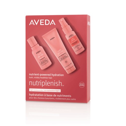 Aveda hårvårdsset med tre rosa flaskor för återfuktning, märkt som näringsstyrd återfuktning för hälsosammare hår.