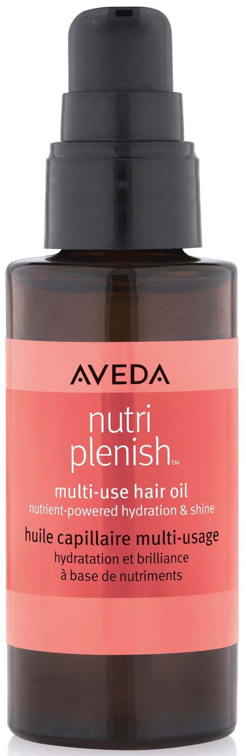 Tumma pullo, jossa pumppu, merkintä 'Aveda Nutri Plenish' hiusöljy kosteutukseen ja kiiltoon.