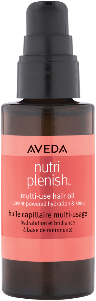 Pieni pullo Aveda Nutri Plenish monikäyttöinen hiusöljy, pumppaus, vaaleanpunainen etiketti ja musta korkki.