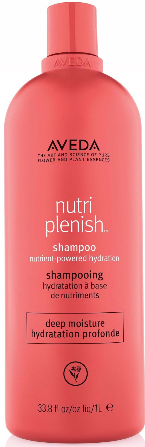 Rosa schampoburk med märkning 'nutri plenish' för djup fukt och återfuktning. Innehåller växtextrakt, 33,8 fl oz.