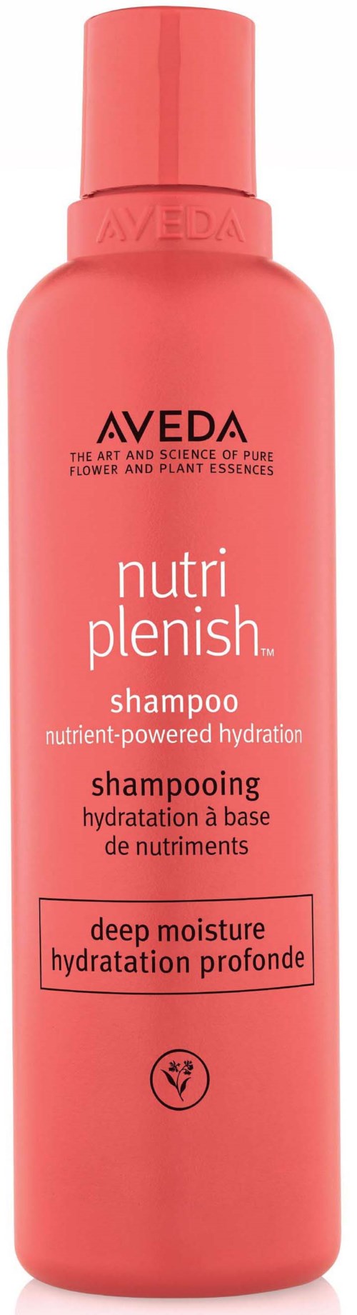 Een roze flesje van Aveda Nutri Plenish shampoo met tekst die het beschrijft als diepe hydratatie.