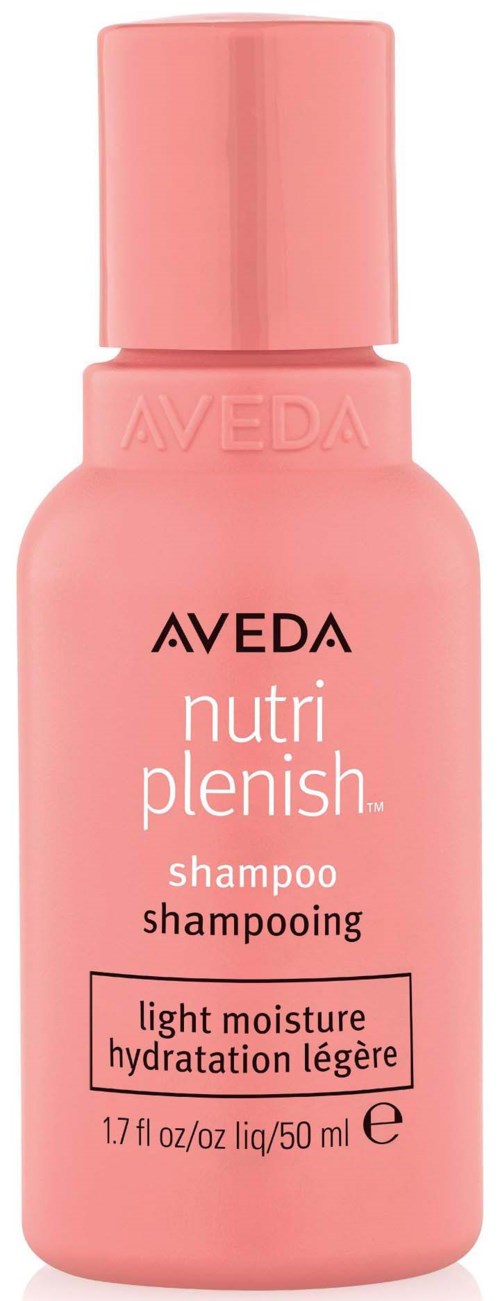 En liten rosa schampoflaska märkt Aveda Nutri Plenish med information om fuktgivande egenskaper.