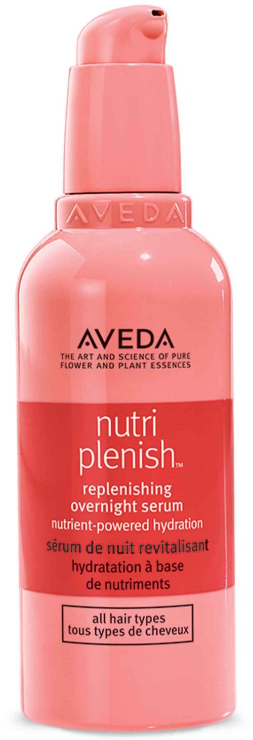 Vaaleanpunainen pullo pumppupäällä, merkki Aveda Nutri Plenish, kaikille hiustyypeille, yöseerumi kosteutukseen.