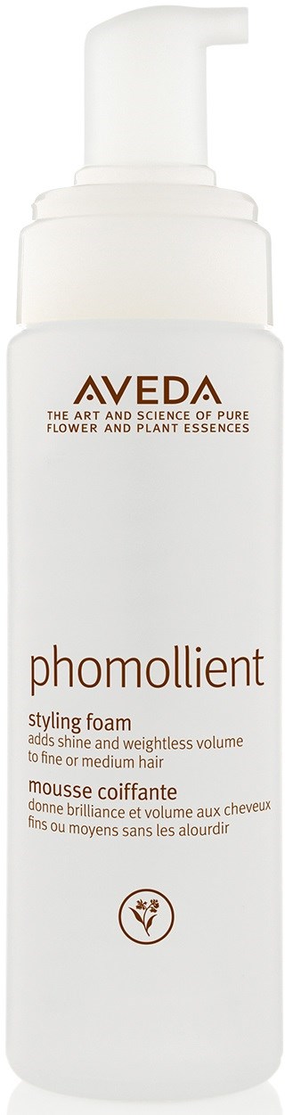 Valkoinen pullo, jossa lukee 'Aveda Phomollient', pumppu, hiusten muotoiluun kiiltoa ja volyymia varten.