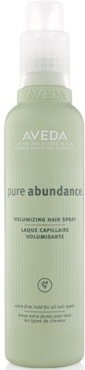 Aveda Pure Abundance volymgivande hårsprayflaska, vit och grön, med pumpupphängning.