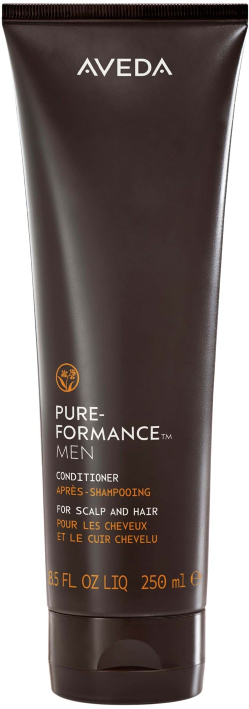 En sort Aveda Pure-Performance Men balsampakning til hovedbund og hår, med orange og hvid tekst.