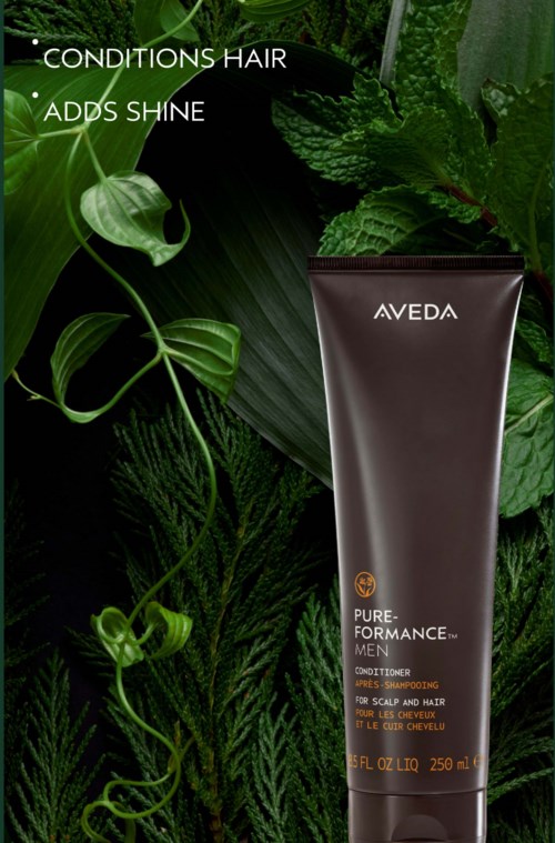 En mørkebrun Aveda Pure-Formance Men shampoo- og balsamflaske mod grønne blade med tekst om hårforhold og shine.