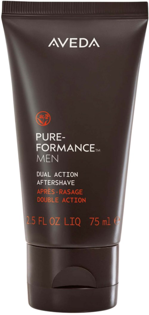 En sort tube med Aveda Pure-Performance Men aftershave, med hvid og rød tekst, står oprejst.