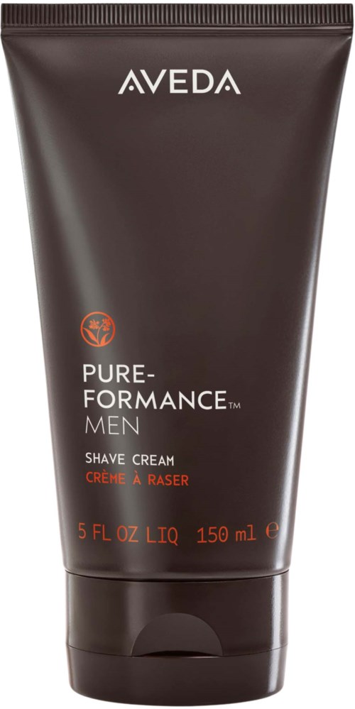 En sort tube med Aveda Pure-Performance Men barbercreme med hvid og orange tekst.