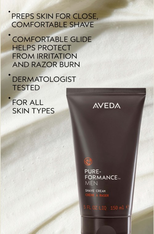En tube Aveda Pure-Performance Men barbercreme med produktdetaljer ved siden af på en lys stofbaggrund.