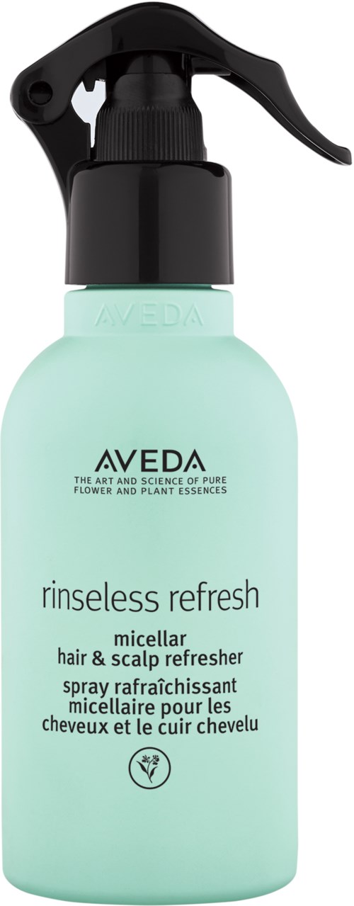 Hellgrüne Sprühflasche mit schwarzer Düse, beschriftet 'Aveda rinse refresh, micellar haar- und scalp refresher.'