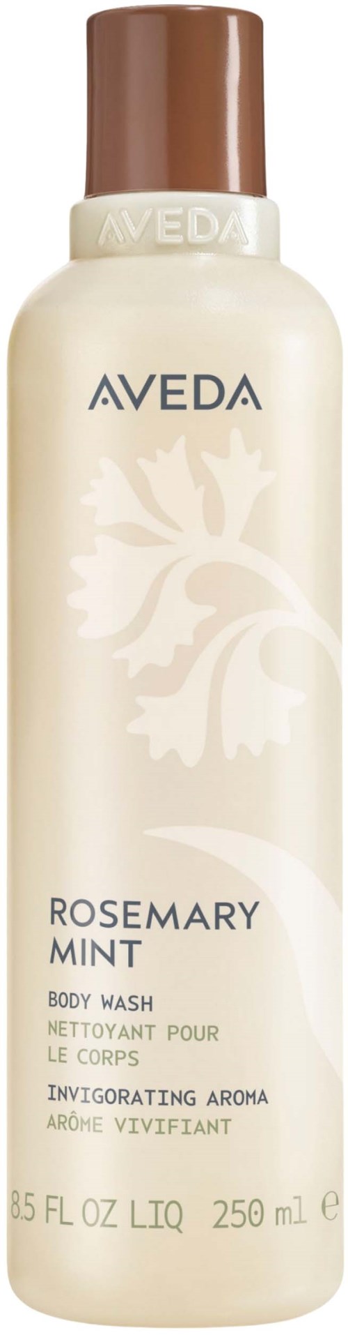 En flaske Aveda Rosemary Mint kropsrens med brun hætte og hvid etikette med produktnavn.