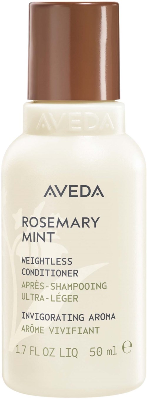 Valkoinen pullo ruskealla kannella, Aveda Rosemary Mint hoitoaine. Teksti mainitsee painottomuuden ja virkistävän tuoksun.
