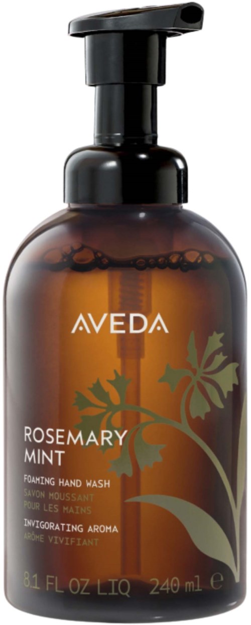 Gullfarvet flaske med Aveda Rosemary Mint skummende håndsæbe med sort pumpe og grøn bladdesign.