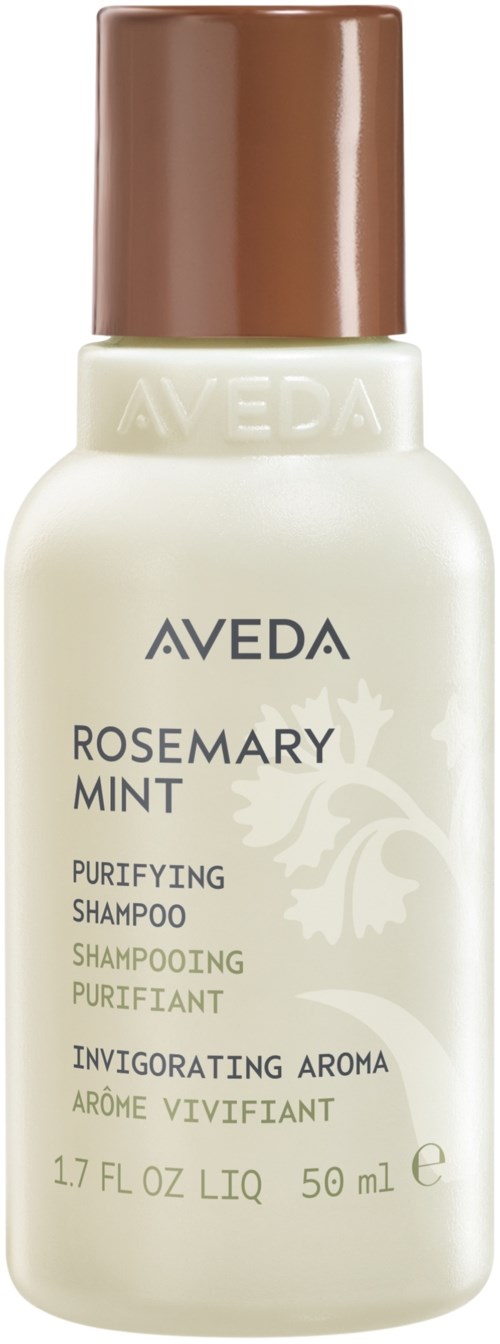 En liten flaske av Aveda Rosemary Mint Purifying Shampoo med brunt lokk og kremfarget kropp.