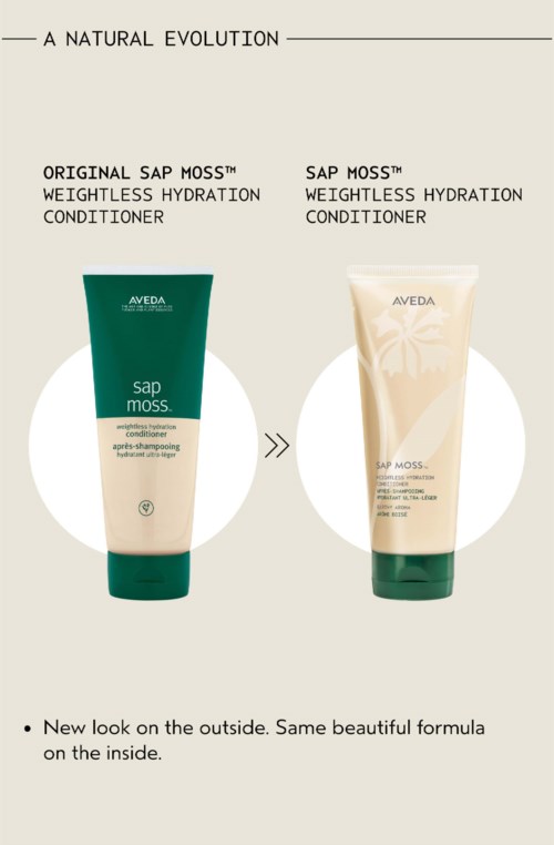 Kaksi Aveda Sap Moss Weightless Hydration Conditioner -pullot, joilla uusi ulkoasu mutta sama sisältö.