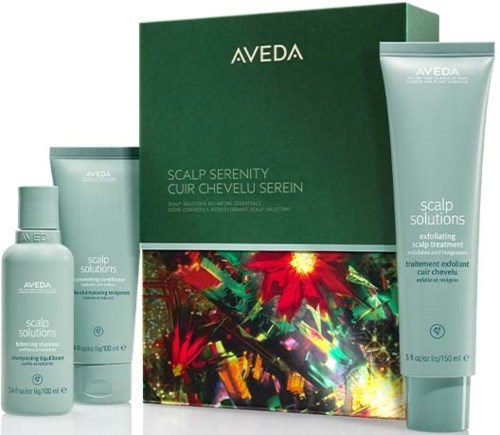 Aveda päänahan hoitopaketti, jossa kaksi pulloa ja vihreä laatikko, juliste jouluisesta taiteesta.