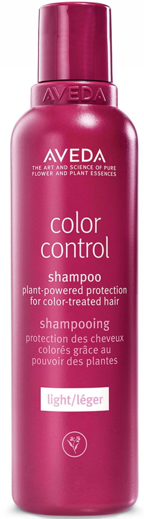 Aveda-shampoopullo pinkki, sisältää valkoista ja tummanpunaista tekstiä, kosteuttaa värjättyä hiusta.